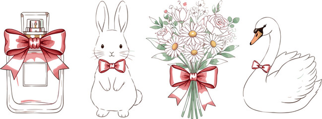 Elegant romantic collection with perfume bottle bunny swan and floral bouquet decorated with red ribbon vector illustration set © Md