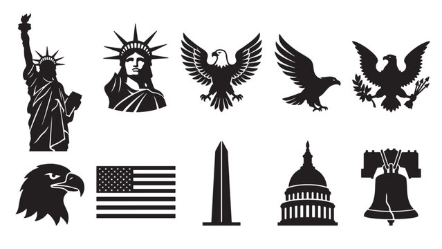 American National Landmark and Symbol Silhouette Set for USA Patriotic Heritage and Independence Day Design