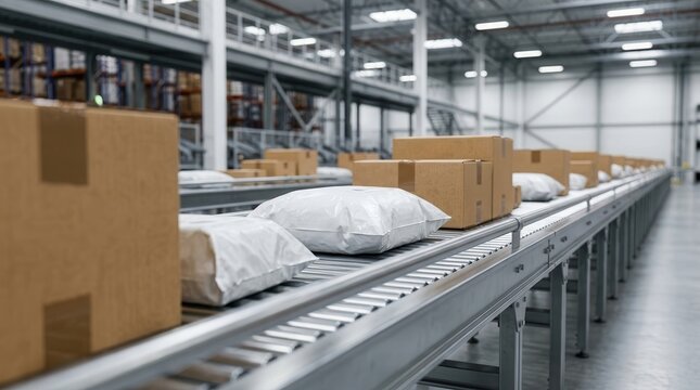 Packages and parcels moving on a conveyor belt in a distribution center for logistics and shipping.