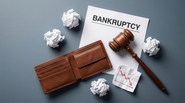 Personal bankruptcy and financial ruin represented by an empty wallet, declining chart, and court gavel.