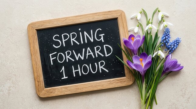 Spring forward 1 hour daylight saving time reminder on a wooden framed chalkboard with fresh spring flowers.