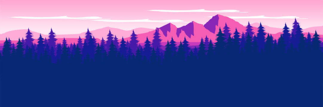 Flat vector dark purple wilderness with massive night sky copy space