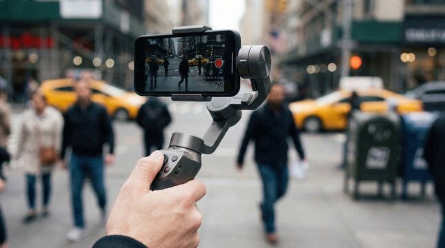 A person holds a smartphone on a gimbal stabilizer while recording a busy street in New York City. The scene captures urban life and modern technology. Ideal for travel or tech content.