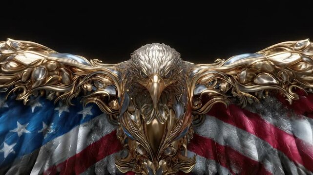 Ornate golden American eagle, national symbol of the United States, powerful wings featuring flag, representing freedom, patriotism, Independence Day, July 4