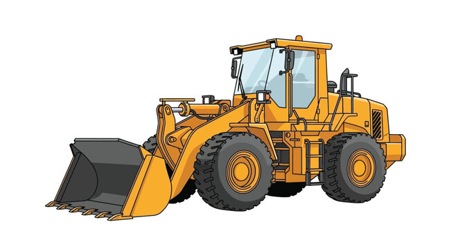 Illustration of a yellow front end wheel loader construction vehicle