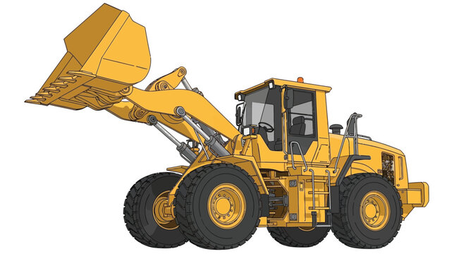 Yellow front end loader depicted in a detailed illustrative style