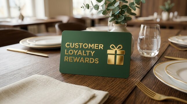 Customer loyalty rewards card displayed on a wooden table in an upscale dining setting.
