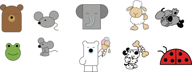 A collection of cute cartoon animals including a bear a mouse an elephant and a ladybug © designNex