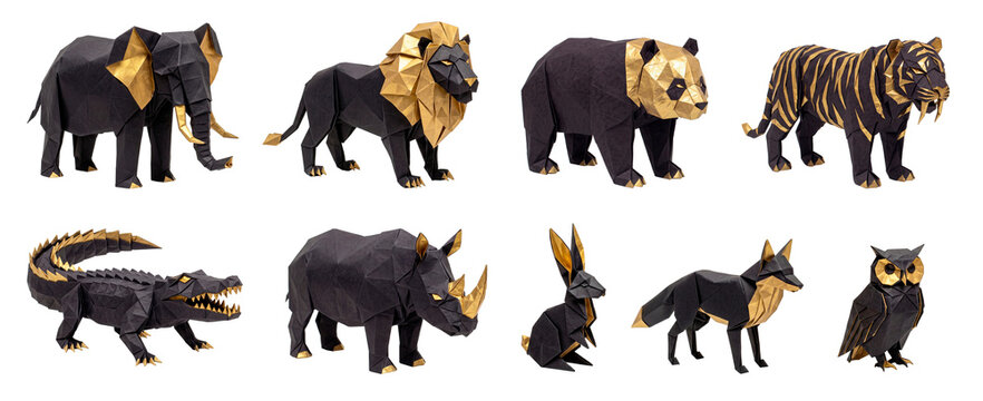Set of 3D low poly animals in black and gold origami style
