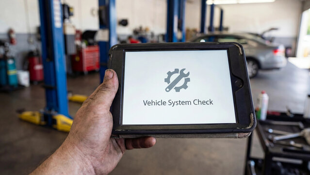 Automotive mechanic using digital tablet vehicle system check diagnostic tool for car maintenance inspection repair service and mechanical fault detection in professional garage