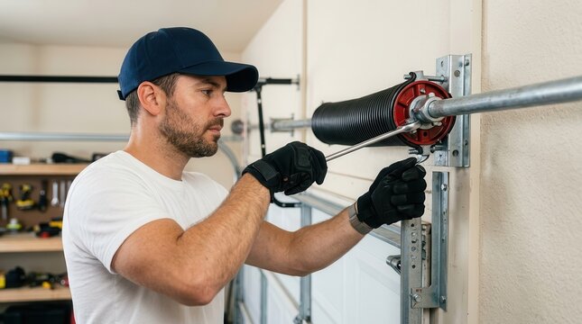 Professional technician in uniform repairing a garage door spring with a wrench tool.
