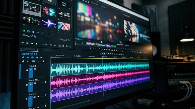 Close up of a computer screen showing a video editing software interface with clips and waveforms.