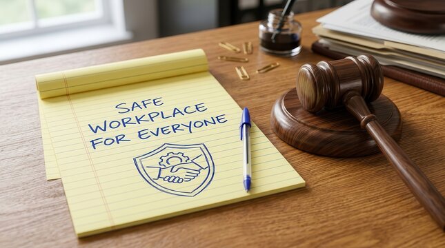 Legal concept of a safe workplace for everyone with a judicial gavel and notepad.