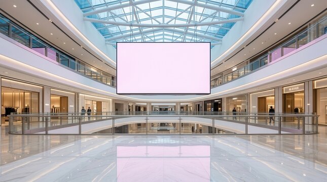 Large LED screen advertising billboard for video promotion in a modern indoor shopping mall.