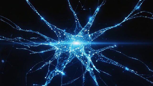 Glowing blue neural network with electric pulses and digital brain activity concept