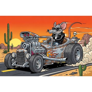 Rat Fink Hot Rod Cartoon Illustration in Desert Landscape.