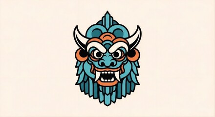 Naklejka premium Stylized Geometric Oni Mask Illustration with Horn and Sharp Teeth Cultural Icon