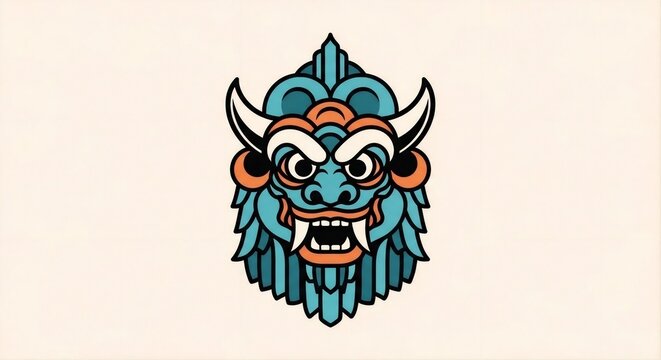 Stylized Geometric Oni Mask Illustration with Horn and Sharp Teeth Cultural Icon
