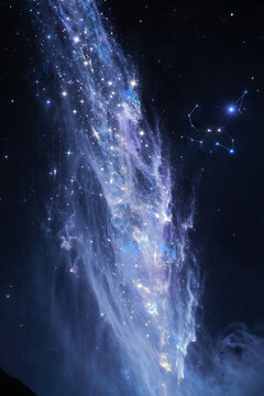 Bright spiral galaxy and nebula in blue and purple tones with stars and constellations on a dark deep space background