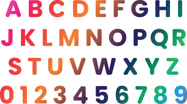 Colorful uppercase alphabet letters a to z and numbers 0 to 9 on a white background, typography reference