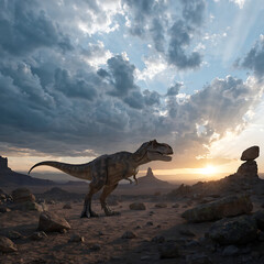 Fototapeta premium Majestic Tyrannosaurus Rex against the background of a desert landscape and sunset