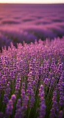 Fototapeta premium Vibrant lavender field at sunset with soft purple hues creating a serene and romantic atmosphere perfect for nature and travel themes