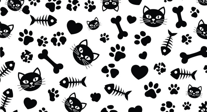 Black cat, fish, bone, heart icons, paw print seamless pattern, pet symbols, animal designs, black and white