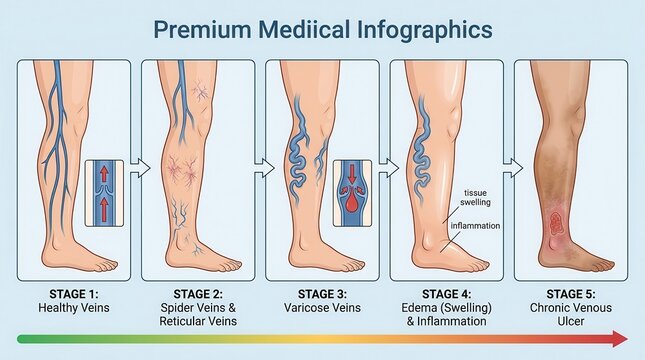 Stages of chronic venous disease progression from healthy circulation to venous ulcer.