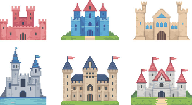 Pixel castle collection set, medieval fantasy buildings icons, retro 8bit architecture vector illustration for game