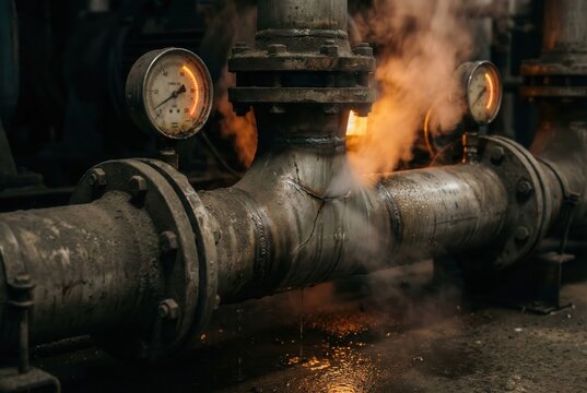 Steam pipeline junction with pressure gauges and redline warning