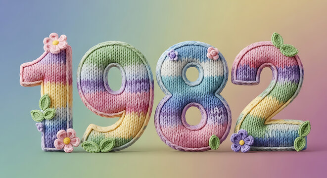 Knitted numbers 1982 with colorful stripes and crochet flowers, perfect for birthday, anniversary, or year celebration.