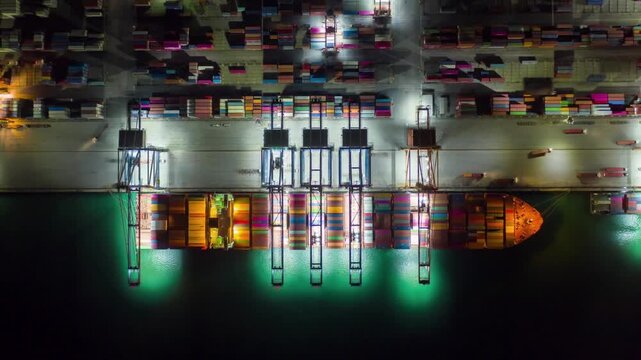 busy night at Container port terminal facility import export business finance background