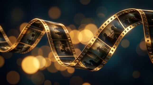 Golden film strip flowing elegantly against a bokeh lights background to evoke nostalgia.