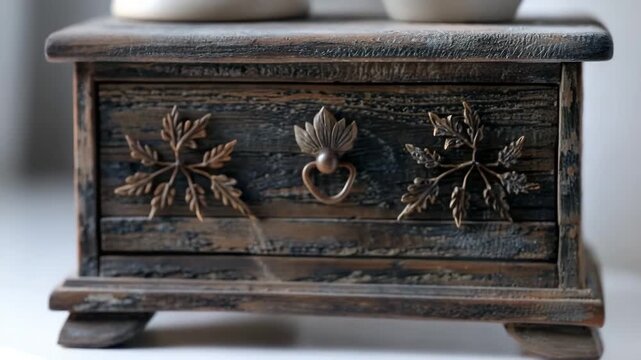 A small sideboard cabinet sits on a table in a home. The cabinet features carvings of leaves and a heart. It adds a touch of detail to the home decor. The light highlights the wood textures