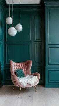 The setting showcases deep emerald walls around a stylish chair with a soft fur throw. Modern lights hang above, creating a welcoming feel in the room