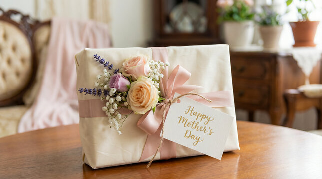 Regalo envuelto con flores y tarjeta &ldquo;Feliz D&iacute;a de la Madre&rdquo;, fondo elegante, iluminaci&oacute;n suave