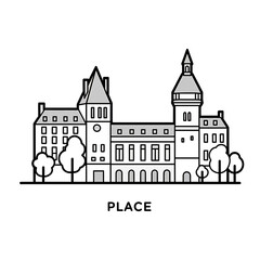 Fototapeta premium Historic European Palace Building Flat Line Art Vector Illustration