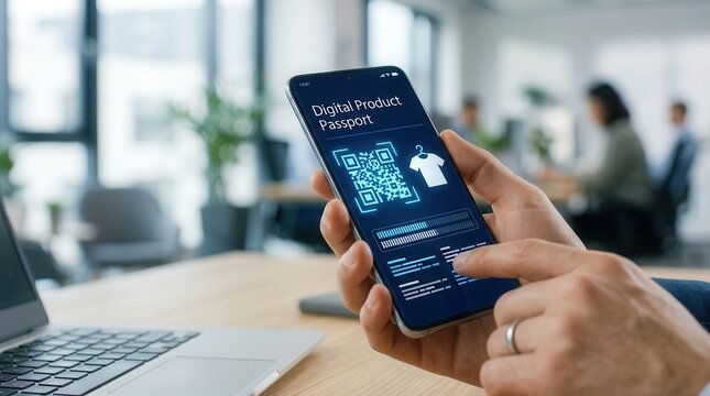 A modern digital product passport displayed on a smartphone screen with a QR code and security icons.