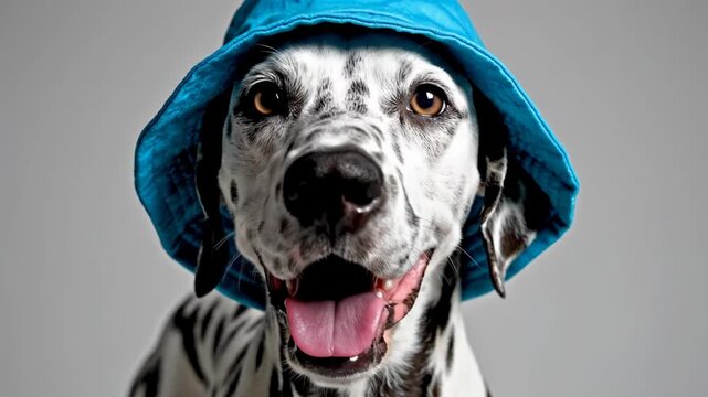 Close-up portrait of a happy Dalmatian dog wearing a bright blue bucket hat, looking directly at camera with an open mouth and tongue out against a neutral grey studio background.