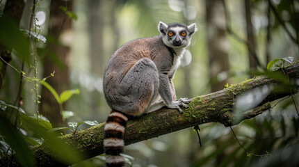 Fototapeta premium Lemur Low Angle Rainforest Tree Wildlife Telephoto Shot Natural Frame Copy Space