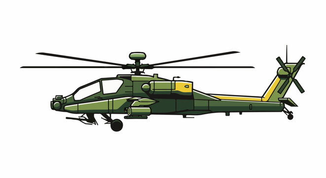 A green attack helicopter with yellow accents, side view