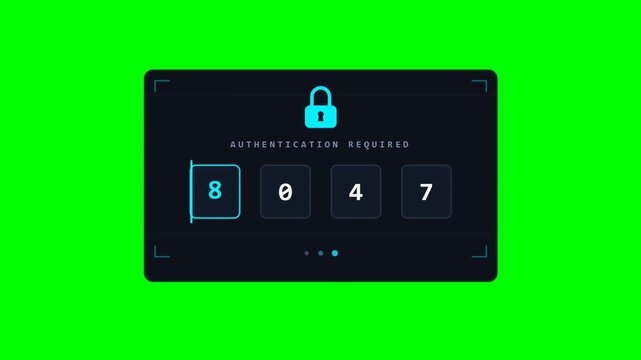 Digital security authentication interface with pin code scanning on green screen for cyber protection