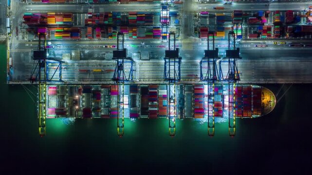 Container port terminal facility in night light import export business finance background
