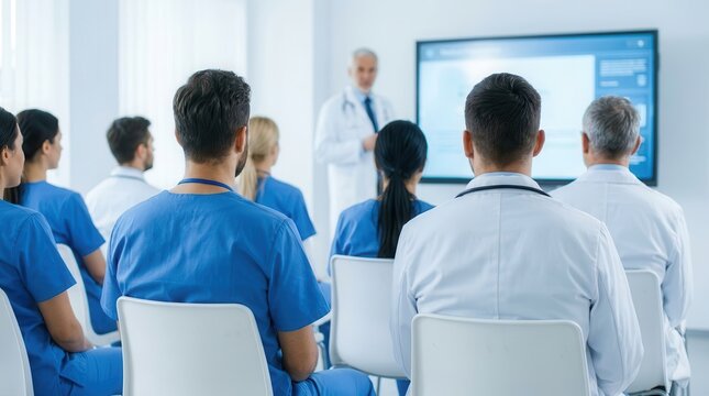 Senior physician giving a medical presentation during a professional training session for a group of doctors.