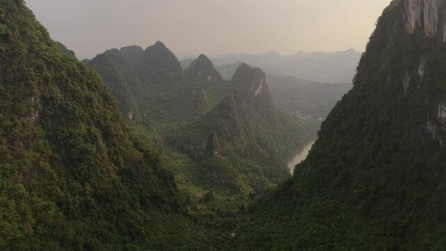 Yangshuo Karst Moutnain Peaks valley aerial Golden Hour