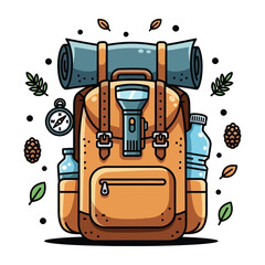 Naklejka premium Camping backpack with hiking gear sleeping mat and compass vector illustration for outdoor adventure and travel