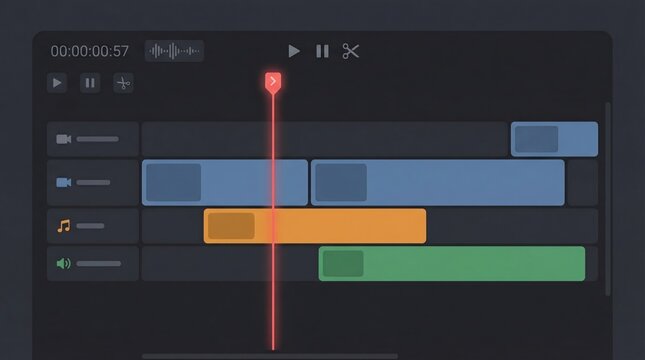 Minimalist video editing interface with multi-track timeline and playhead. Represents digital content creation and modern media workflow. Useful for technology blogs and software tutorials.