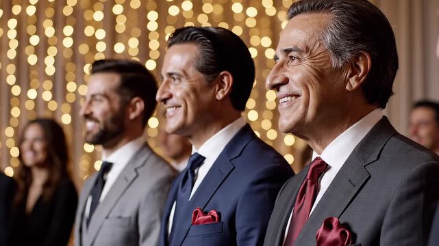 Three men in suits smiling at an event for commercial backgrounds, digital design, and advertising