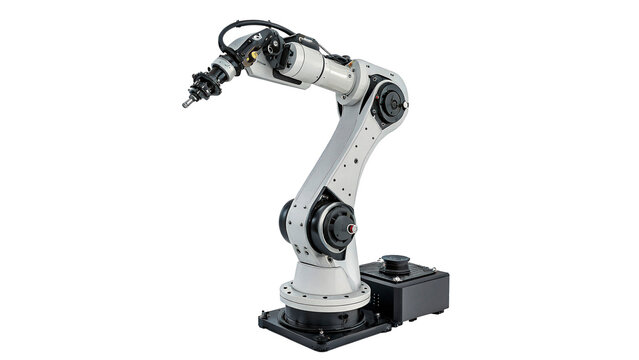 Robot arm works on assembly process isolated on transparent background cut out