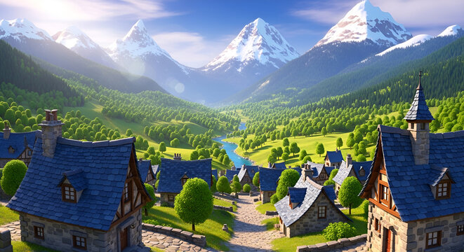 Picturesque Alpine Village Benasque Style with Snow Mountains